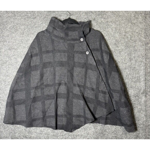 Eileen Fisher Black Gray Square Print Poncho Sweater Cape Merino Wool - One Size - Picture 3 of 6